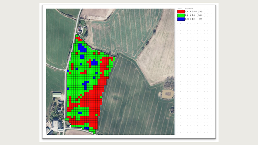 Forsøgsmark ses inddelt i 3 niveauer efter NDRE-værdierne pr. pixel.