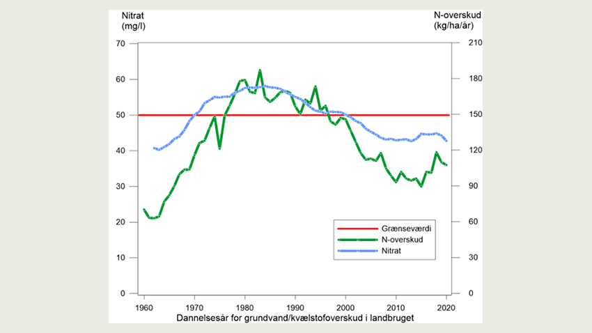 Figur 3 viser, hvordan N-overskuddet (forskel mellem forbrugt gødning og N fjernet med udbytte) og nitrat i grundvandet begge er på sit højeste i midten af 1980’erne og derefter er faldet indtil midt 2010’erne, hvor der er et mere jævnt indhold af nitrat i grundvandet 