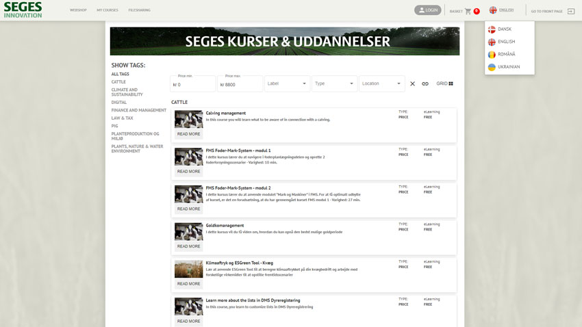 Skærmdump af SEGES Innvovations undervisningsportal