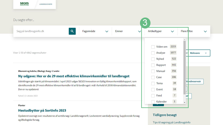 Skærmbillede af LandbrugsInfos søgeside