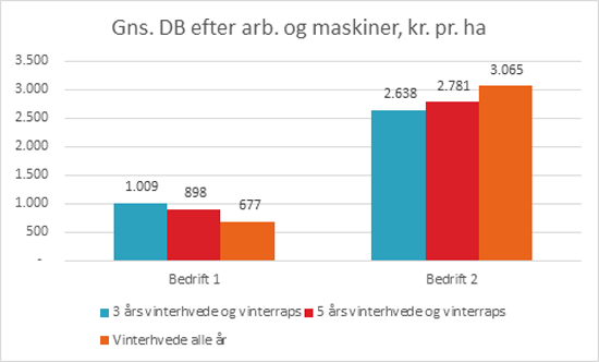 Figur 2. De økonomiske konsekvenser af forskellige sædskiftestrategier på to bedrifter. Bedrifterne adskiller sig markant ved forskel i udbyttepotentialet i vinterhvede afhængigt af forfrugten. Bemærk, at tingene er ”sat på spidsen” i de illustrerede sædskiftestrategier. Vær også opmærksom på, at grønne krav om afgrødevariation skal overholdes.