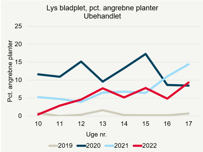 Procent angrebne planter af lys bladplet i vinterraps i registreringsnettet i 2019 til 2022 for de ubehandlede marker.
