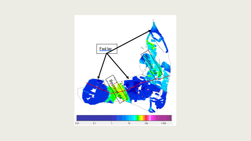 Horisontalt snit gennem tTEM-data i kote -25 m. Figuren er fra Flemming Jørgensen, Region Midtjylland.