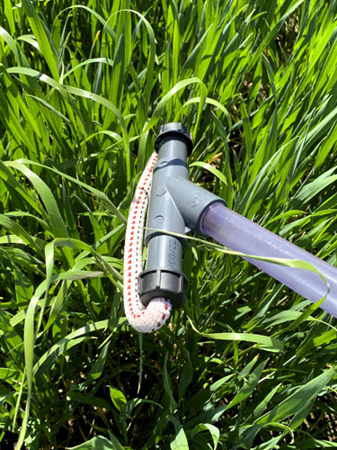 Håndholdt weed wiper der holdes i grønt græs