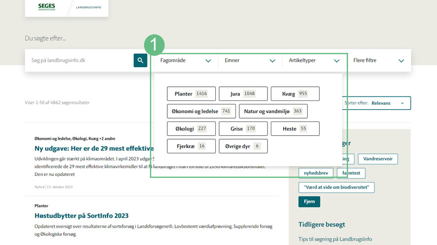 Skærmbillede af LandbrugsInfos søgeside