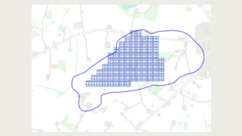 viser hvordan SGO (de blå kasser) er placeret inden for et indvindingsopland (blå polygon) til en boring.