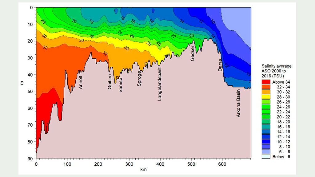 Årsmiddel for saltholdighed langs et tværsnit gennem de indre danske farvande fra Skagerrak til Bornholm. Kilde: Hansen J.W. & Høgslund S. 