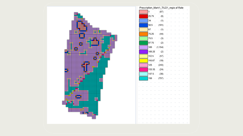 Figur 2 viser tildelingskort til mark 1 i formatet ISOMXL 3. Som det fremgår af kortet, er der ikke tale om faste afgrænsninger, men om flydende overgange.