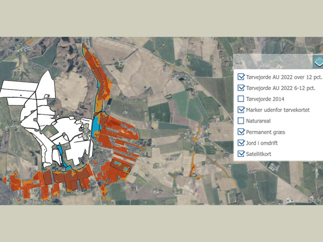 Skærmbillede af tørvekortet, hvor du kan se hvilke områder der er tørvejord på landmand.dk