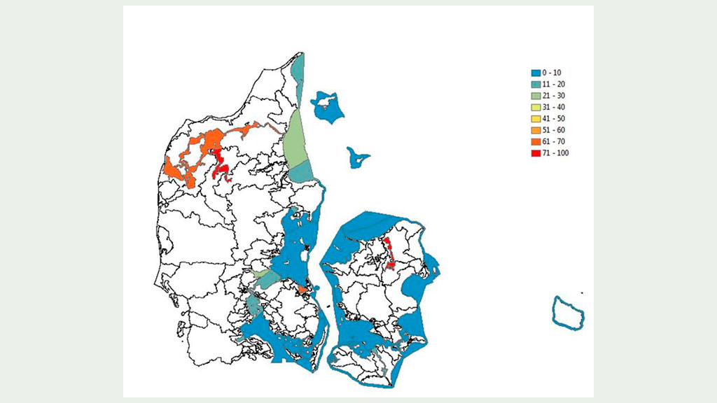 . Andel af fytoplankton / klorofyl-indikatoren for de 45 vandområder, der er dækket af mekanistiske modeller, som kan forklares med kvælstoftilførsel fra dansk land. Farveskalaen er i %. Kilde: Rapport fra DHI til Naturstyrelsen, marts 2015: 