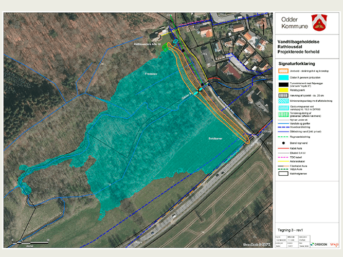 Oversvømmet areal ved fuld udnyttelse af klimatilpasningsløsningen, når vandspejl står i maksimal kote (kt. 19,0 m DVR90). 