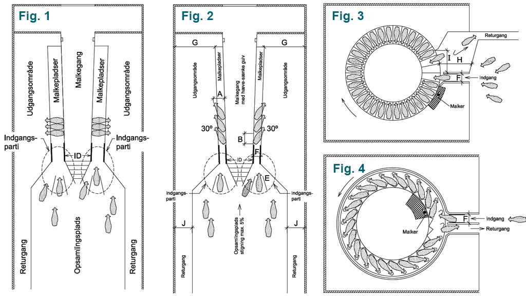 Fig 1. viser eksempel på parallel malkestald, Fig 2. viser eksempel på sildebens malkestald, Fig 3. viser eksempel på en udvendig karrusel og Fig 4: viser eksempel på en indvendig karrusel