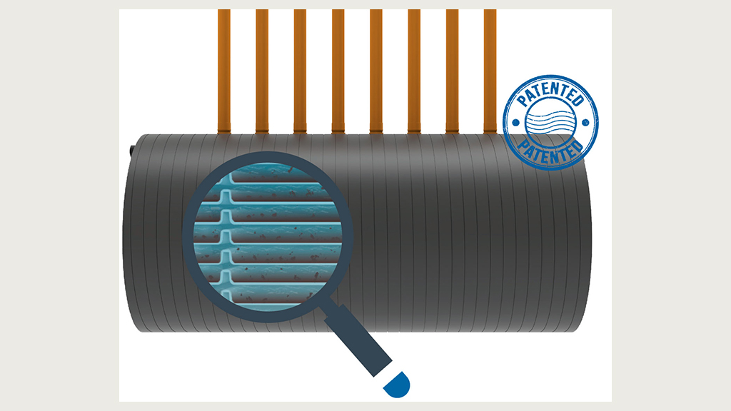 Principskitse af dobbeltporøst filtreringssystem. Skitsen viser, hvordan filteret er opbygget af flere lag af filtermembraner, som stables for at opnå den ønskede effekt