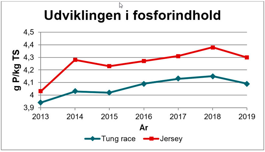 Udviklingen i foderratioenernes gennemsnitlige faktiske indhold af fosfor pr. kg tørstof