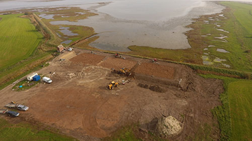 Dronefoto af minivådområde med træflis