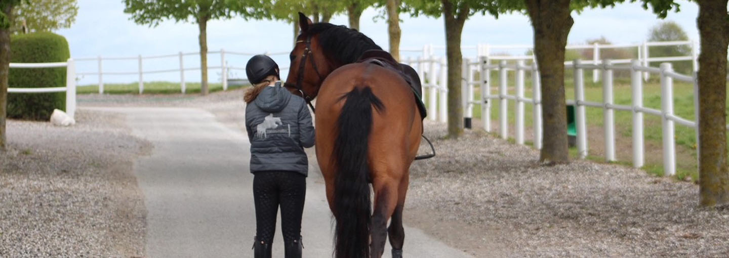 pige går ned ad allé med sin hest