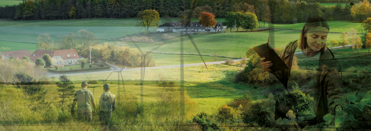 Kollage af marker, landbrug, vindmøller