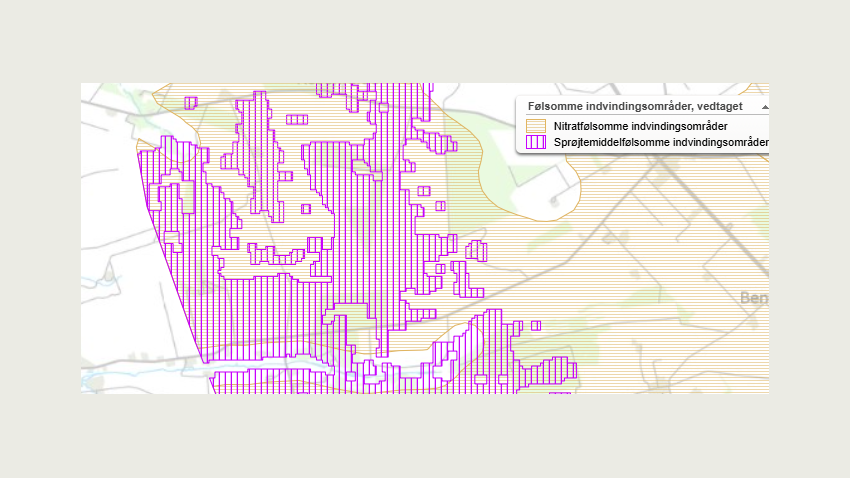 Udklip fra kortlaget ’Følsomme drikkevandsområder’. Sprøjtemiddelfølsomme indvindingsområder er sandjord. Tilsvarende udpegning findes ikke for lerjord.