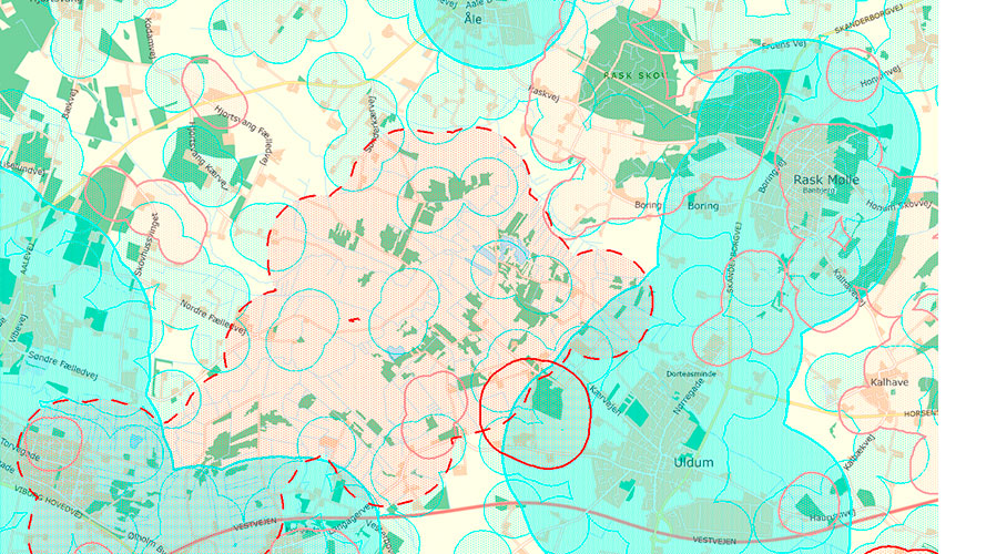 kort med buffere omkring alle tre kategorier af natur 