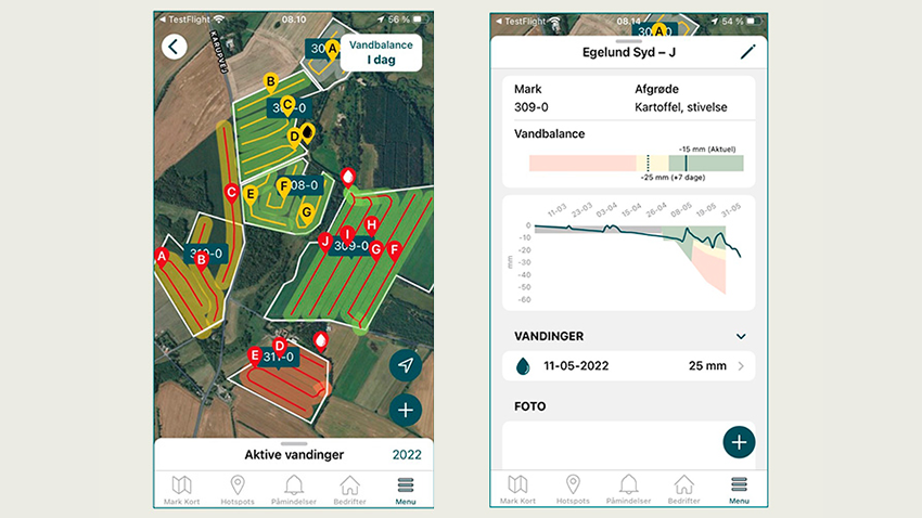 Eksempler på skærmbilleder fra vandingsmodulet i FarmTracking. 