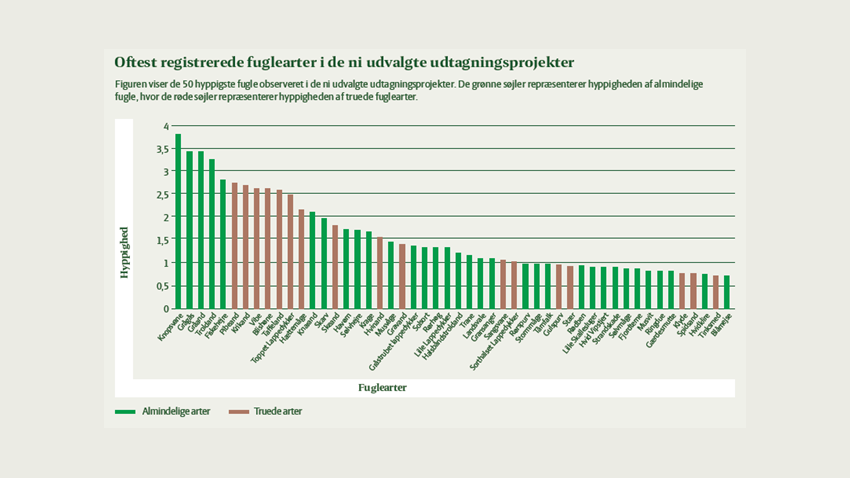Oftest registrerede fuglearter i de ni udvalgte udtagningsprojekter