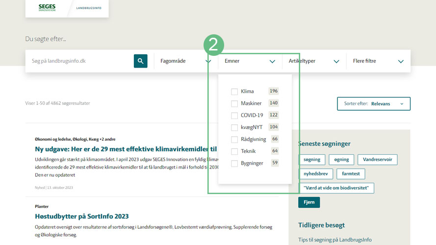 Skærmbillede af LandbrugsInfos søgeside