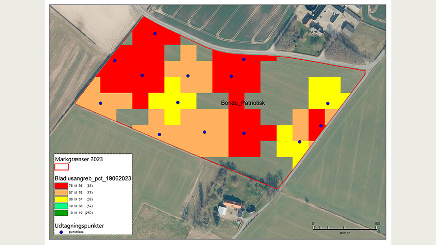 Markkort fra Patriotisk Selskab, Bonde (8,5 ha), hvor angrebsgraderne er blevet interpoleret.