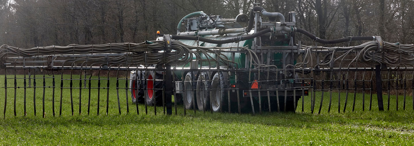 Traktor med gyllevogn spreder gylle på grøn mark