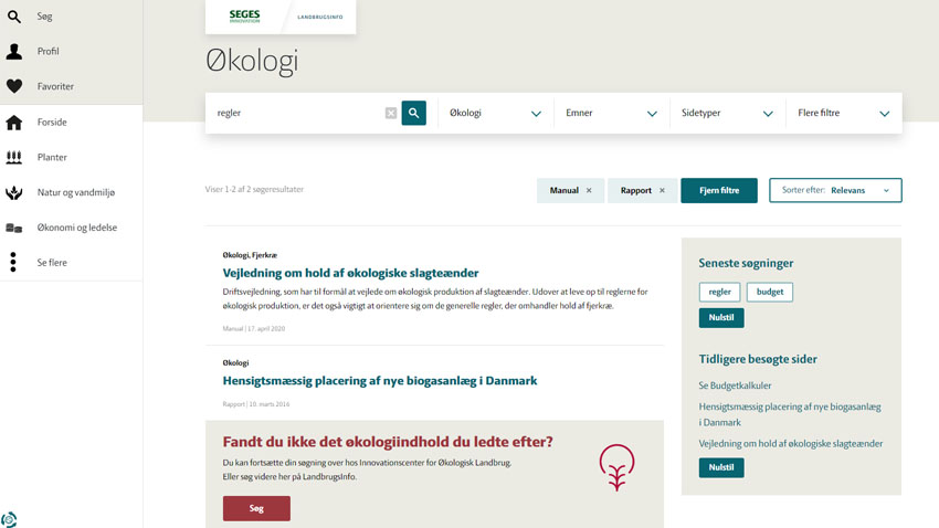 Skærmbillede af LandbrugsInfos nye design og funktioner til søgesiden