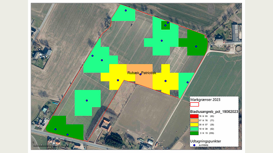Markkort fra mark Patriotisk Selskab, Rubæk (6,3 ha), hvor angrebsgraderne er blevet interpoleret.