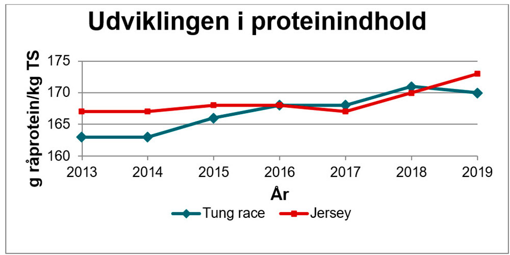Udviklingen i foderrationernes gennemsnitlige faktiske indhold af råprotein pr. kg tørstof