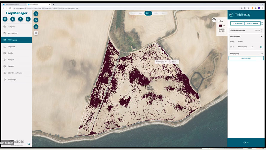 Pletter med tidsler fremtræder ved analyse af dronefoto i ThistleTool i CropManager