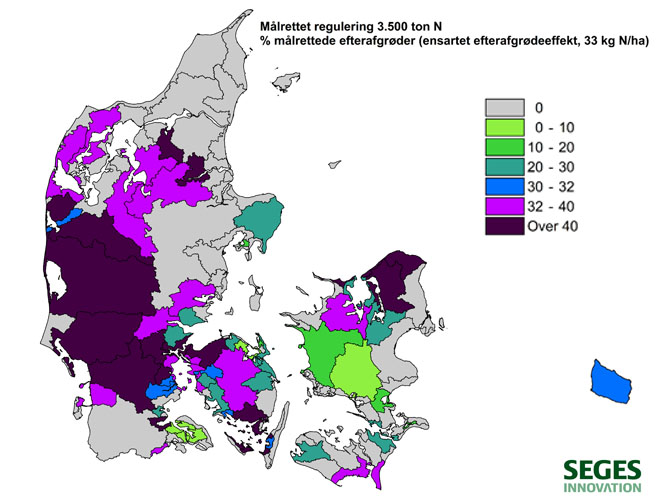 Danmarkskort over forventet fordeling af efterafgrøder beregnet af SEGES ud fra indsatskravene opgivet i forslag til vandområdeplaner