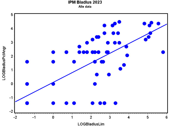Korrelationen (R2=0,517) mellem antal bladlus på limplader (A1-D1) og registreringspunkter i kanten af marken (A2-D2).