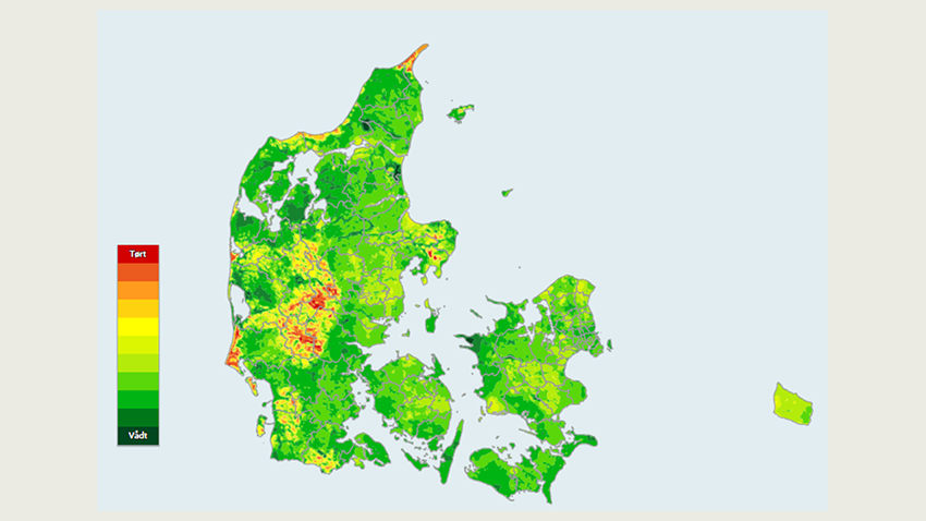 DMI’s nye satellitbaserede tørkeindeks pr. 28/5 2026. 