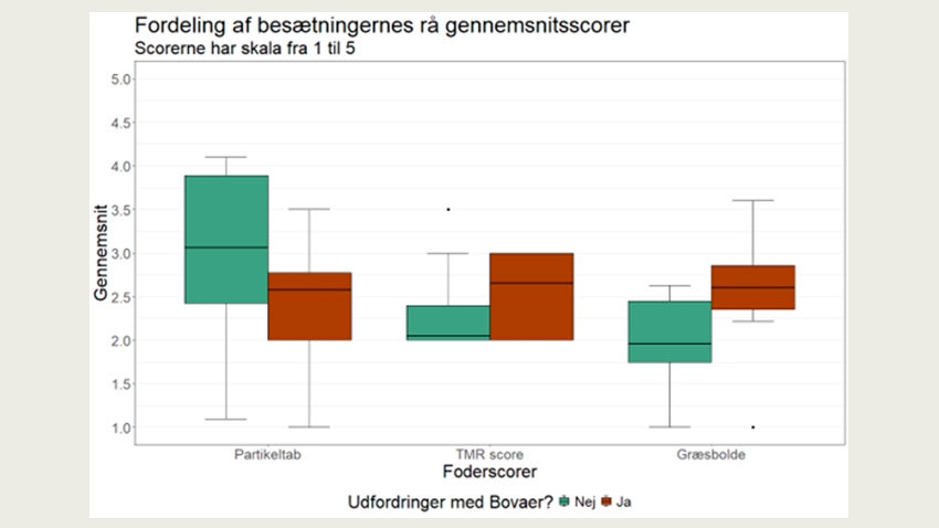 Gennemsnitsscorer for hver af de tre foderscorer fordelt på besætninger med og uden udfordringer med Bovaer.