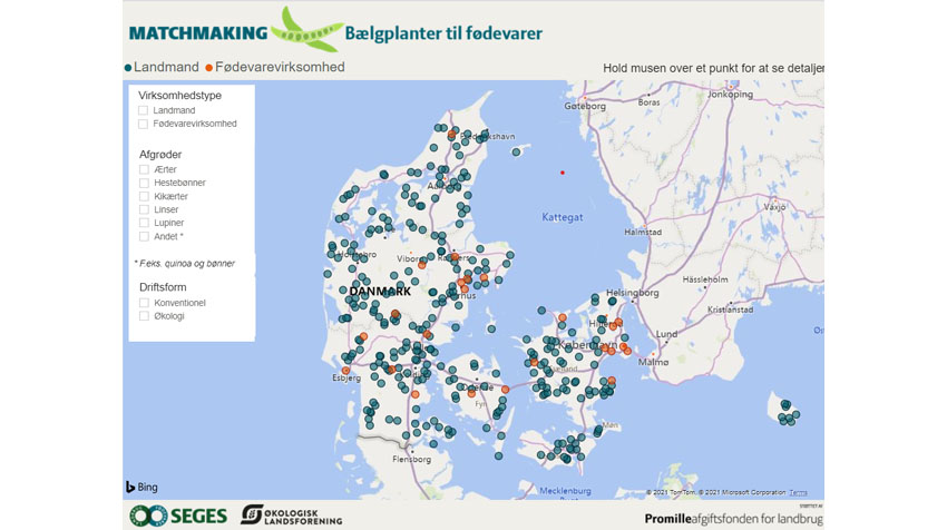 Billede af interaktivt kort, der vises producenter og aftagere af plantebaserede fødevarer