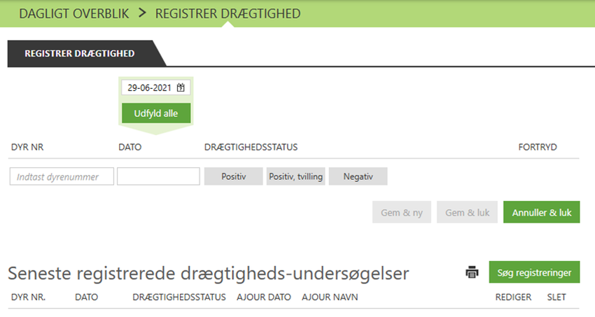 Skærmklip i DMS, registrer drægtighed