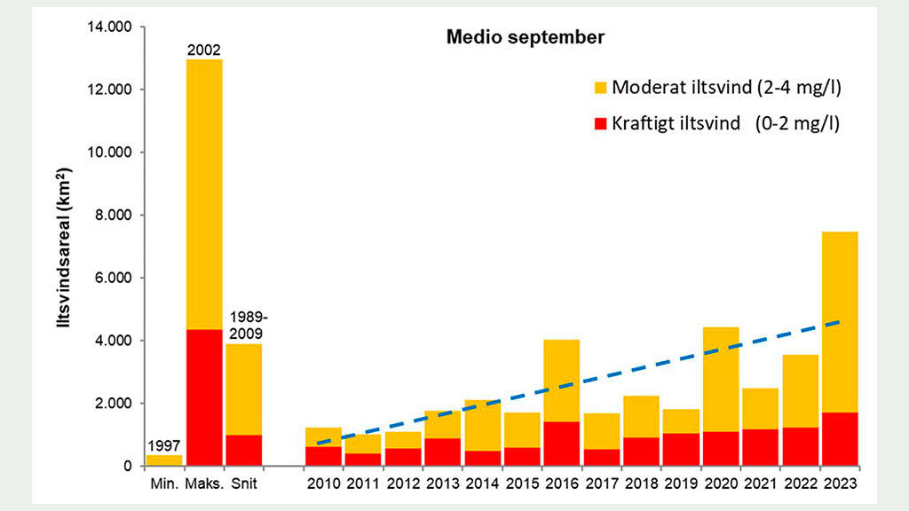 Modelleret arealudbredelse af moderat (2-4 mg l-1) og kraftigt (0-2 mg l-1) iltsvind midt i september i de indre danske farvande 2010-2023 samt den største og mindste udbredelse 1989-2023 og den gennemsnitlige udbredelse 1989-2009. Den stiplede linje angiver en statisk signifikant stigning siden 2010 (p=0,003). 