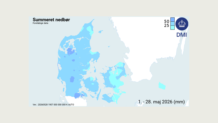 Summeret nedbør i maj, www.dmi.dk/vejrarkiv d. 28/5 2026