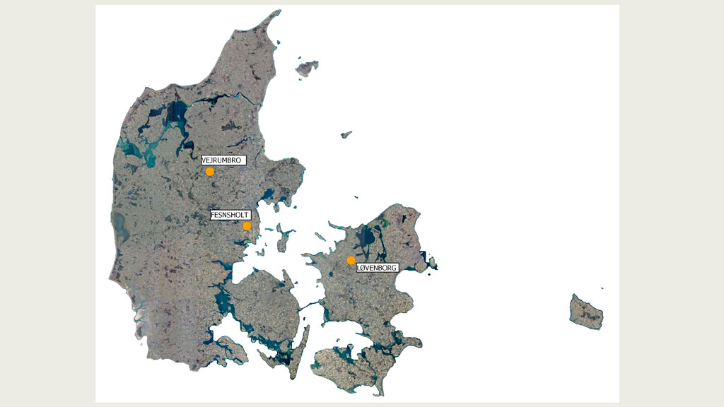 Oversigtskort over Danmark som viser placeringen af de tre feltlokationer som indgår i FosLav projektet