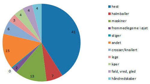 Diagram 1. Illustration af fordeling af børneulykker i perioden 1998-2009. Børn i alderen 0-15 år. Vist som % -vis fordeling af de i alt 436 ulykker, som faktisk er registret på ulykkesregisterets fire skadestuer.