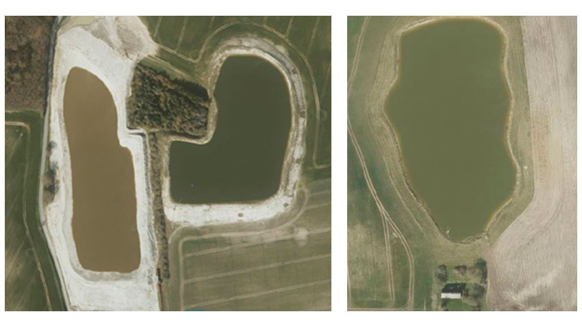 Luftfoto af to drænreservoirs på Brattingsborg Gods 