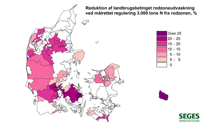 Danmarkskort over krav til reduktion af den landbrugsbetingede udvaskning for at nå den planlagte reduktion på 3.000 ton ved regulering eller kollektiv indsats fra 2026