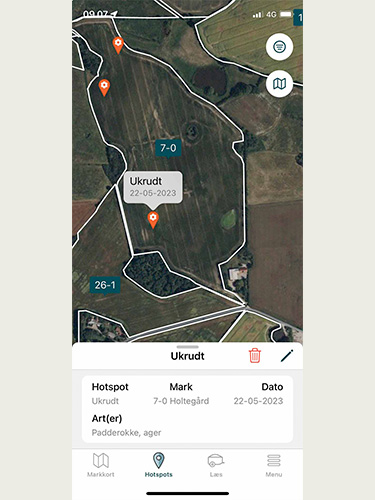 hotspot i FarmTracking viser ukrudt på en mark