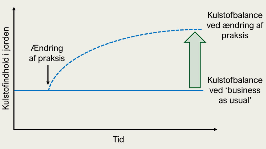 Den mulige ændring i jordens kulstofindhold ved ændring af praksis. Den grønne pil angiver potentialet for øget kulstoflagring i jorden med praksisændringen. 