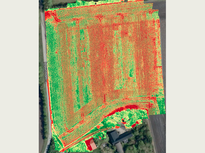 Biomassemålingerne viser høj biomasse, hvor der ikke er sprøjtet (grøn farve).