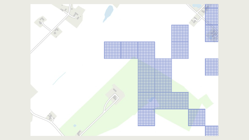 Udklip fra kortlaget ’Sårbare grundvandsdannende områder’, hvor felterne med sårbare områder er 100x100 meter. Vælg evt. ortofoto som baggrund.