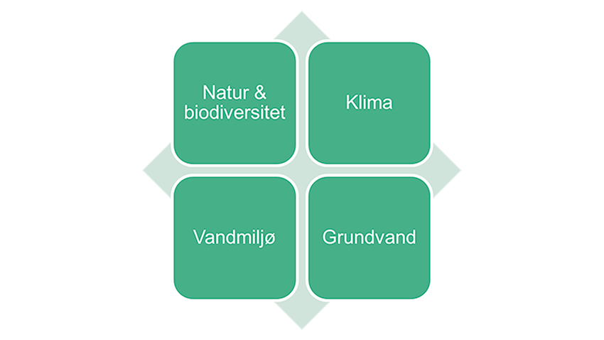 Fire separate problemstillinger som behandles i den politiske aftale: Natur & Biodiversitet, Klima, Vandmiljø og Grundvandsbeskyttelse.